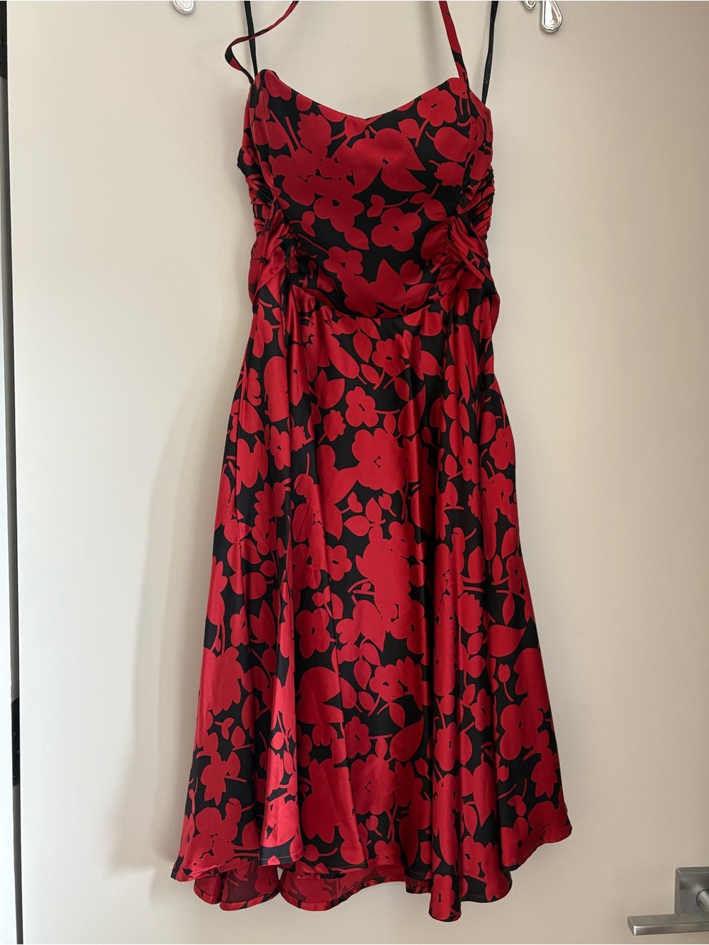 Betsey Johnson 100% silk Red and Black Floral Halter Midi Dress